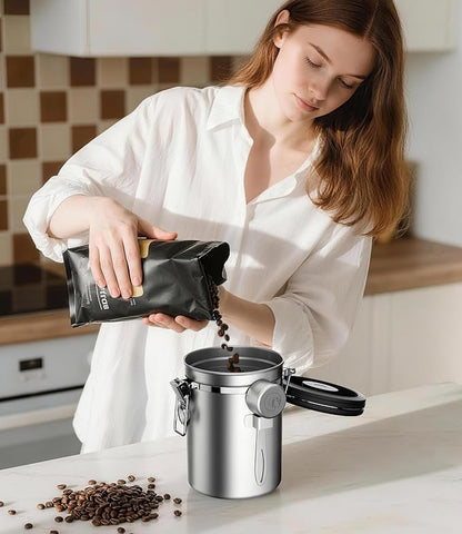 Coffee Gator Coffee Canister - 22oz, Airtight Stainless Steel Kitchen Food Storage Container with Date Tracker, Scoop for Grounds Coffee Bar Accessories, Beans, Tea, Sugar, Flour, Cereal - Silver