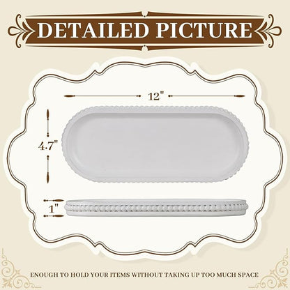MAONAME Oval Long Narrow Wood Tray, Rustic Decorative Tray with Beaded, White Farmhouse Vanity Trays, Toilet Tank Trays for Dresser, 12" x 4.7"