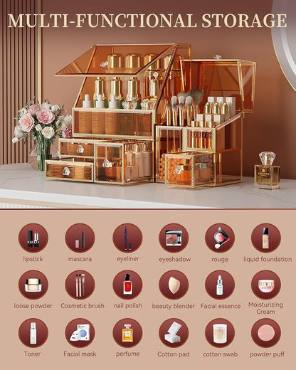 CoralHouse Makeup Organizer Amber,Glass Vanity Organizer for Skincare, Lipsticks, Perfume, Makeup Brushes – Countertop Cosmetic Storage Box for Women, Bathroom & Dresser