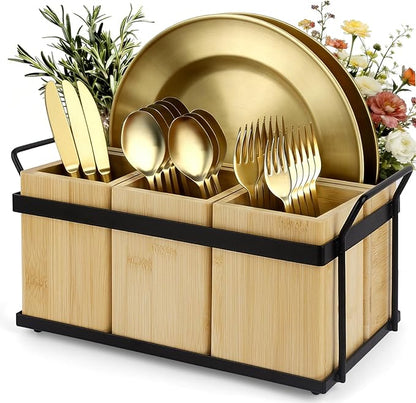 MECHEER Kitchen Silverware Caddy Utensil Holder for Party Paper Plate Holders Flatware Cutlery Organizer Wood Utensil Holder with Removable Dividers for Forks Plates Spoons