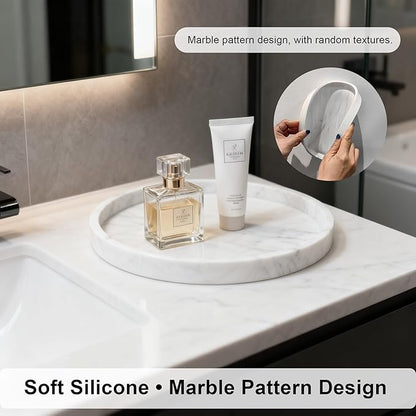 Silicone Bathroom Tray - 9-Inch Round Vanity Tray, Suitable for Candles, Perfumes, Soap Dispensers (Marble White)