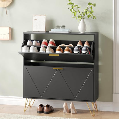 Shoe Storage Cabinet with 2 Flip Drawers, Shoe Cabinet Storage Entryway Slim, Black Narrow Shoe Cabinet w/Gold Handles & Metal Legs, Hidden Freestanding Shoe Organizer for Hallway