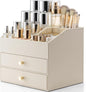 VLANDO Makeup Organizer for Vanity,Large Capacity Bathroom Counter Organizer with Drawers,PU Leather Skin Care Storage for Lipstick,Brushes,Perfumes (Beige)