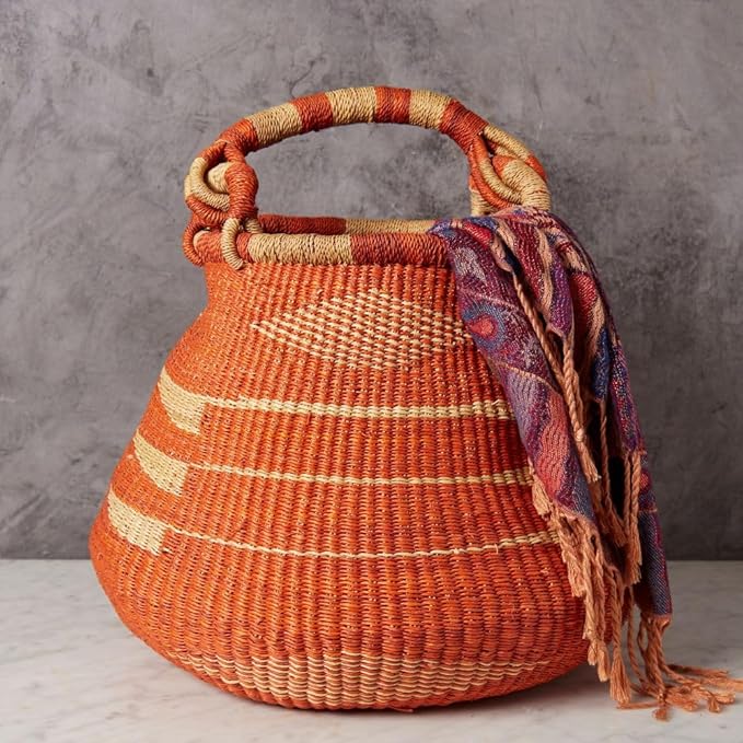 Orange Bolga African Basket for Boho Decor, 16 Inch Wide