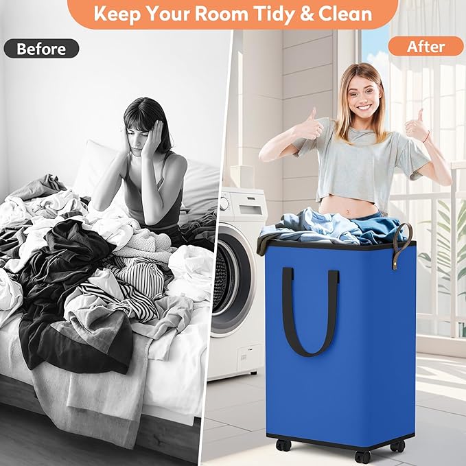 SpaceTrove Laundry Basket with Wheels, Collapsible Laundry Baskets, Laundry Hamper with Handles Detachable Wheels, Rolling Laundry Basket, Dirty Clothes Hamper for Bathroom, Dorm, Bedroom, Blue, 100L