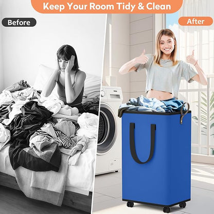 SpaceTrove Laundry Basket with Wheels, Collapsible Laundry Baskets, Laundry Hamper with Handles Detachable Wheels, Rolling Laundry Basket, Dirty Clothes Hamper for Bathroom, Dorm, Bedroom, Blue, 100L