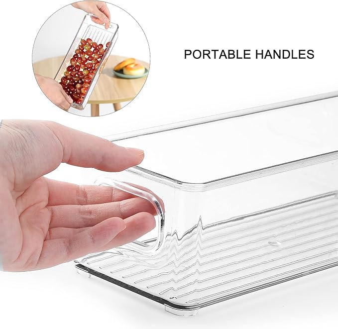Set of 4 Refrigerator Pantry Organizer Bins - Stackable Fridge Organizers with Handles for Pantry, Freezer, Kitchen, Countertops, Cabinets - Clear Plastic Food Storage Bins