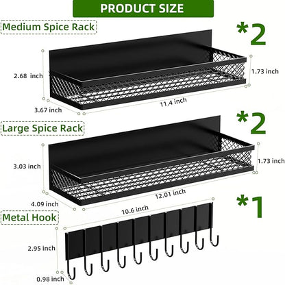 Magnetic Spice Rack for Refrigerator, 5 Pack Magnetic Shelf for Refrigerator, Moveable Fridge Magnetic Spice Racks with 10-Hook Rack for Kitchen Organizers and Storage