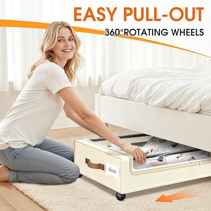 SpaceHacks Under Bed Storage with Wheels 2Pack Underbed Storage with Clear Window&Label Under Bed Drawers Large Capacity Rolling Under Bed Storage for Clothes,Shoes, Blankets (Beige)