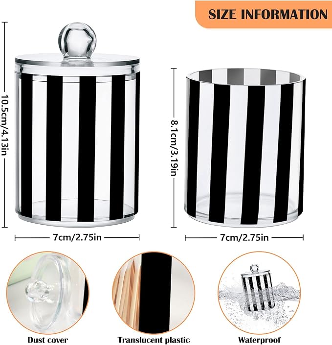 2 Pack Qtip Dispenser Apothecary Jars Bathroom Organizer, White and Black Striped Qtip Holder Storage Canister Plastic Acrylic Jar for Cotton Ball/Swab/Rounds