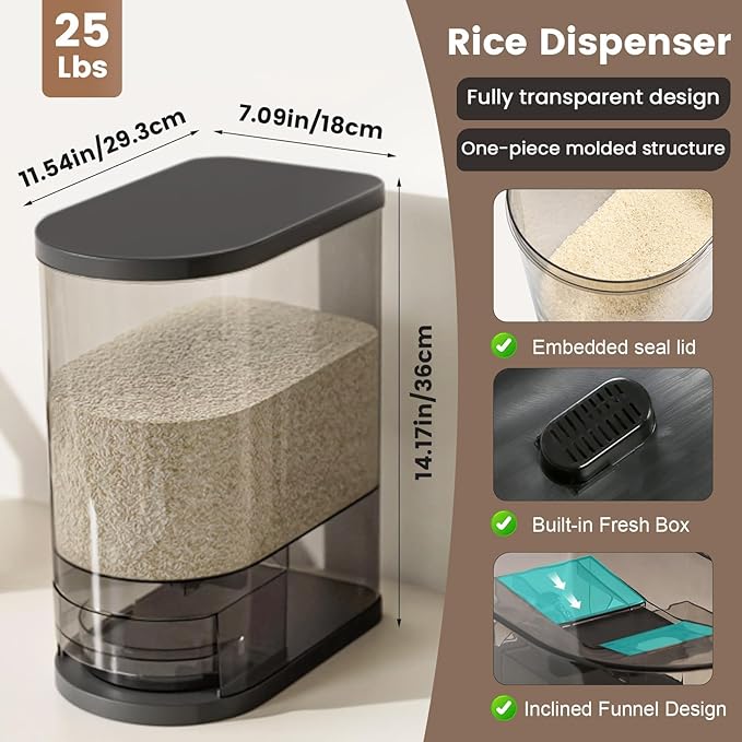 SYNCVIBE Large Rice Dispenser 22-25Lbs, Cereal Dispenser Rice Container Food Storage Container with Measuring Cup, Cereal Containers Storage Kitchen Storage Household Moisture Proof Holder, Black