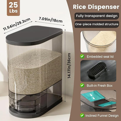 SYNCVIBE Large Rice Dispenser 22-25Lbs, Cereal Dispenser Rice Container Food Storage Container with Measuring Cup, Cereal Containers Storage Kitchen Storage Household Moisture Proof Holder, Black
