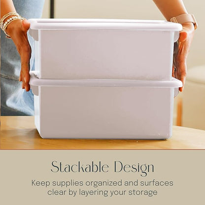 Cubby Storage Bins with Lids, 10-Pack Stackable Plastic Organizer Containers for Pantry, Office, Garage - Nestable with Handles, Light Grey