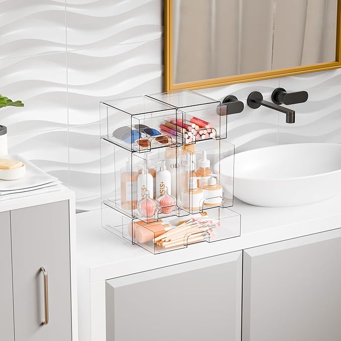 Yieach 5 Set Clear Stackable Storage Drawers and Acrylic Drawer Organizer,BPA Free Baby Bottle Organizer for Countertop and Bottle Station Organizer for Breast Pump Parts,Pacifier and Baby Accessories