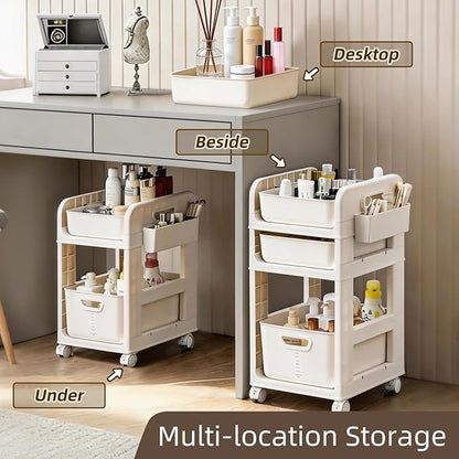Rolling Makeup Organizer Cart with Removable Drawer, 2 Tier Stable White Floor Skincare Storage Cart for Vanity, Cosmetic Display, Nail Polish, Perfume, Hair Stuff, Beauty, Bathroom (2 Tier White)