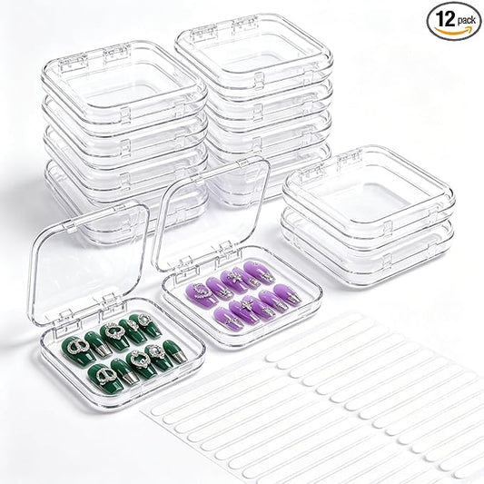 12 Pcs Clear Acrylic Press on Nail Storage Box with 30 Pcs Adhesive Double Sided Tape, Transparent Fake Nail Organizer Display Case for Nail Salon, Home, Travel & Nail Art Packaging