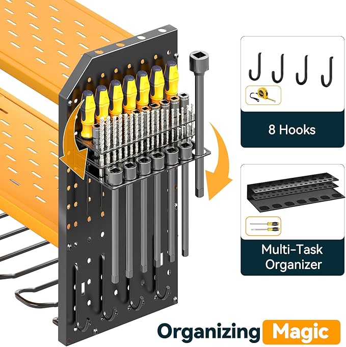 Warome Tool Organizer with Charging Station, Power Tool Rack Wall Mount with 8-Outlet Power Strip, Tool Storage for Garage with 8 Cordless Drill Holders, Battery Utility Shelf in Yellow