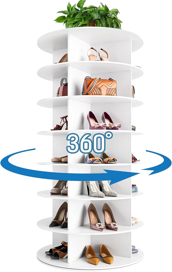 7-Tier Rotating Shoe Rack Tower - 360 Spinning Shoe Organizer, Vertical Lazy Susan, Closet Cabinet Rack for 28 Pairs of Shoes Bags Plants