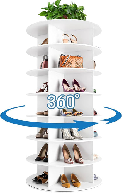 7-Tier Rotating Shoe Rack Tower - 360 Spinning Shoe Organizer, Vertical Lazy Susan, Closet Cabinet Rack for 28 Pairs of Shoes Bags Plants