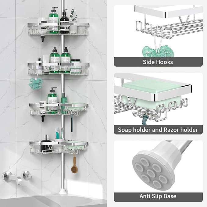 DAOYA Corner Shower Caddy Tension Pole - Chrome Tension Rod Shower Caddy Adjustable Shampoo Holder for Bathroom/Bathtub/RV, Stainless Steel, Floor to Ceiling 25-114.2 inch