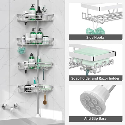 DAOYA Corner Shower Caddy Tension Pole - Chrome Tension Rod Shower Caddy Adjustable Shampoo Holder for Bathroom/Bathtub/RV, Stainless Steel, Floor to Ceiling 25-114.2 inch