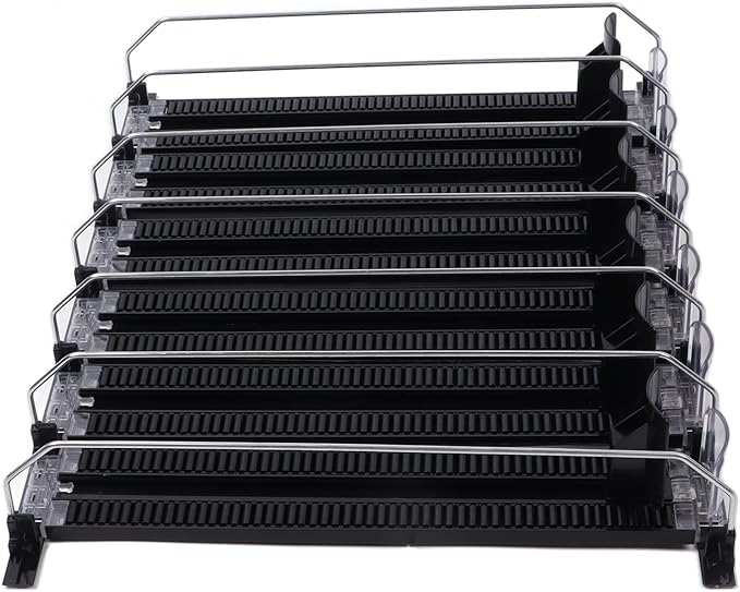Soda Can Dispenser for Refrigerator, ABS 15in Large Capacity 6 Rows Adjustable Width Drink Dispenser for Fridge, Spring Loaded Easy Slide Self Pushing Drink Holder (Black)