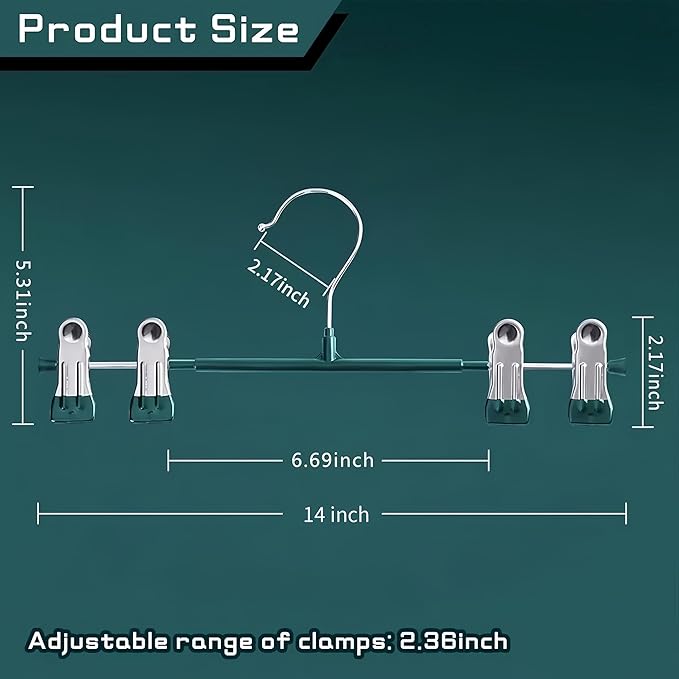 14Inch Pants Hangers with Clips 10 Pack Adjustable Skirt Hangers for Women Non-Slip Trousers Hanger for Jeans Shorts Clothes Hanger for Pants Heavy Duty Space Saving，Green