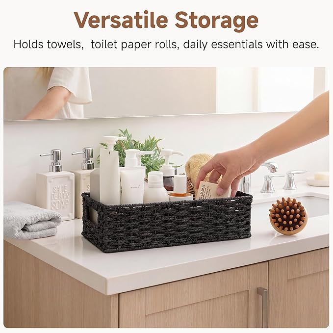 StorageWorks Small Wicker Toilet Basket Tank Topper with Built-in Handles, Toilet Paper Baskets for Back of Tank, Paper Rope Bathroom Basket Organizer and Storage for Rustic Bathroom Decor, Black
