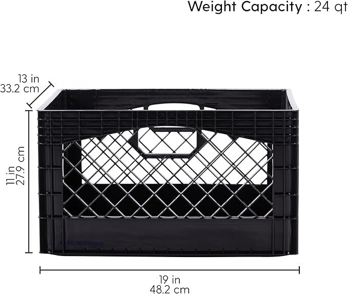 Rectangular Plastic Milk Crate Storage Tote with Handles, 24-Quart Stackable Organizer for Garage, Home, and Office, Made in the USA, 19" x 13" x 11" (3-Pack) - Black