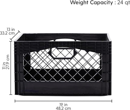 Rectangular Plastic Milk Crate Storage Tote with Handles, 24-Quart Stackable Organizer for Garage, Home, and Office, Made in the USA, 19" x 13" x 11" (3-Pack) - Black