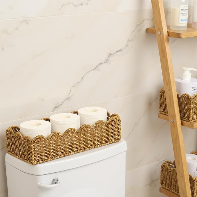 Scalloped Toilet Paper Basket: Water-Resistant Handmade Organizer - Natural Tan for Organic Back of Toilet Tank top & Scandinavian Kitchens 1pack
