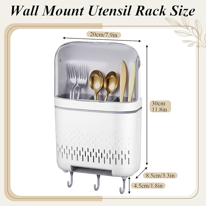 Sliner Wall Mount Utensil Rack Holder with Lid and Hook Waterproof Compartmental Storage Caddy Cutlery Drainer with Cover Detachable Kitchen Hanging Chopstick Silverware Organizer Moonlight White