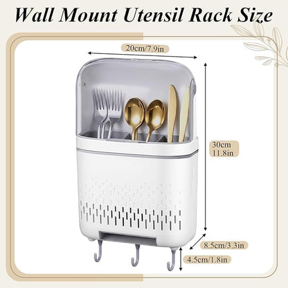 Sliner Wall Mount Utensil Rack Holder with Lid and Hook Waterproof Compartmental Storage Caddy Cutlery Drainer with Cover Detachable Kitchen Hanging Chopstick Silverware Organizer Moonlight White