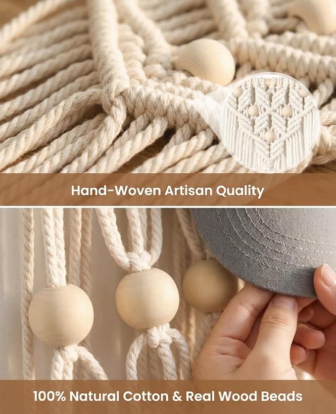 AceList 2-Pack Hat Organizer for Baseball Caps (Up To Holds 32) - Boho Wall Hanging Hat Rack & Over Door Cap Holder - Handmade Cotton Woven Storage Display for Men, Women, Room Decor