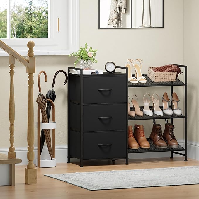 Somdot Shoe Rack, 3 Tier Shoe Organizer with 3 Drawers, Metal Shoe Storage Shelf for 6-9 Pairs of Shoes with Fabric Shelves and Wooden Top, Narrow Shoe Rack for Entryway, Black