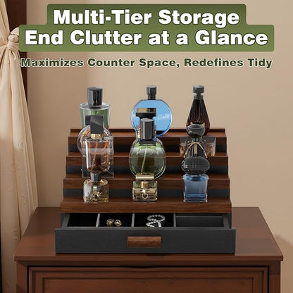 Perfume Cologne Organizer for Men: 4 Tier Wooden Perfumes Stand, Desktop Parfum Holder Wood Display Shelf with Cabinet, Bedroom Dresser Makeup Lotion Jewelry Storage Rack with Drawer