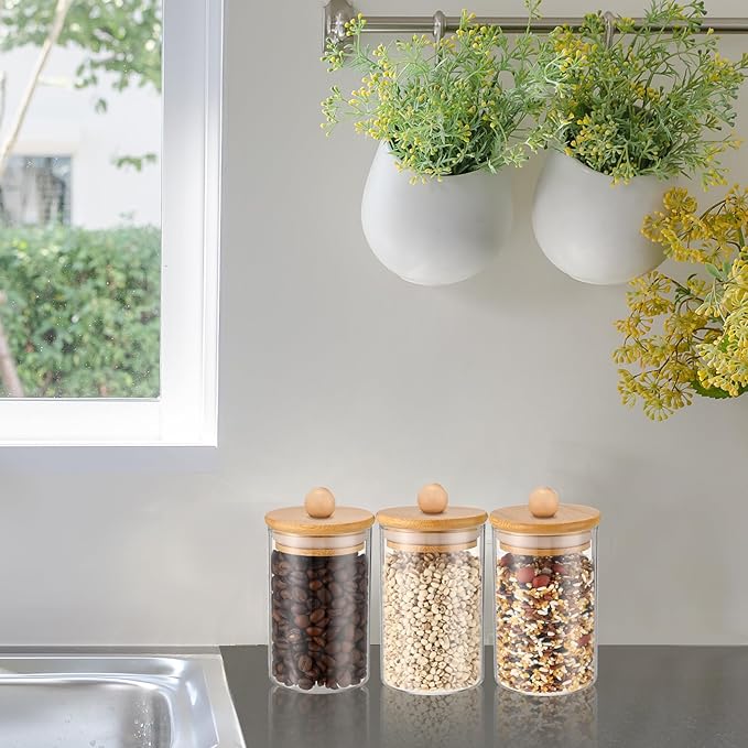 6 Pack Glass Apothecary Jars with Lids Bamboo Bathroom Accessories Cotton Balls Pads Swabs Holder Jar Bathroom Canisters for Vanity Accessories Storage