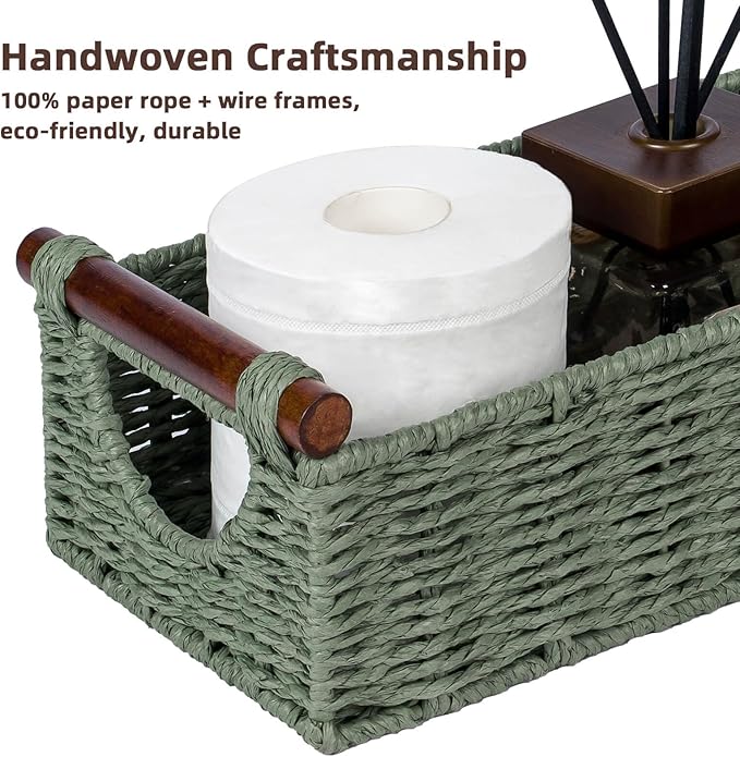 CubesLand Small Wicker Toilet Basket Tray Organizer W/Cut Out Handle, Handwoven Slim Decorative Basket for Countertop, Shelves And for Rustic Home Decor, Living Room, Nursery Organization, Green