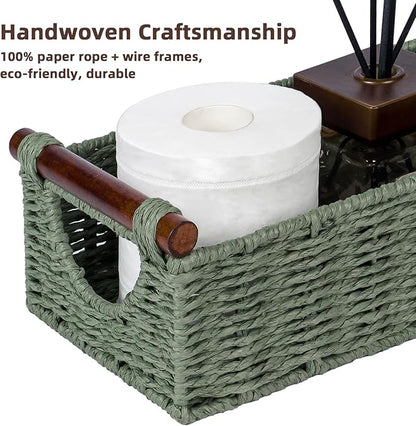 CubesLand Small Wicker Toilet Basket Tray Organizer W/Cut Out Handle, Handwoven Slim Decorative Basket for Countertop, Shelves And for Rustic Home Decor, Living Room, Nursery Organization, Green