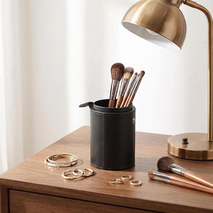 UPSTORE Portable Makeup Brush Case Black PU Leather Cosmetic Makeup Brush Holder Organizer for Short Brushes Cylindrical Design with Snap Closure 9 x 3.1 inch