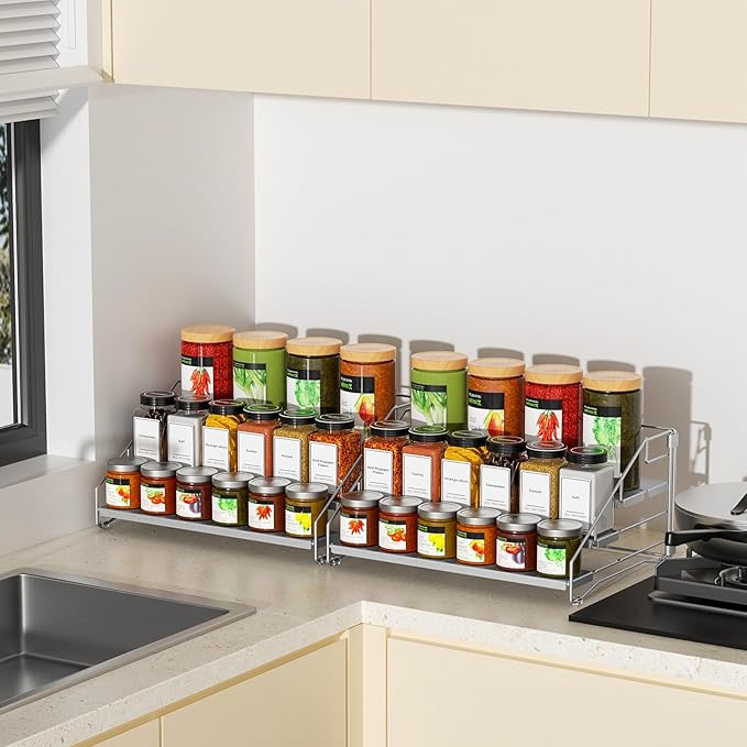 BOIVSHI 4 Tier Spice Rack Organizer for Cabinet, Spice Rack Organizer, Depth Adjustable Spice Organizer for Cabinet, Countertop, Cupboard, Pantry, Seasoning Shelf, Metal, Gray (2 Pack)