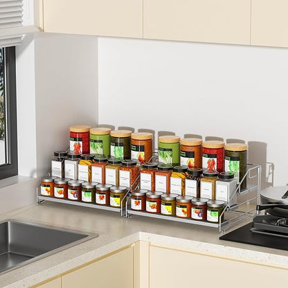 BOIVSHI 4 Tier Spice Rack Organizer for Cabinet, Spice Rack Organizer, Depth Adjustable Spice Organizer for Cabinet, Countertop, Cupboard, Pantry, Seasoning Shelf, Metal, Gray (2 Pack)