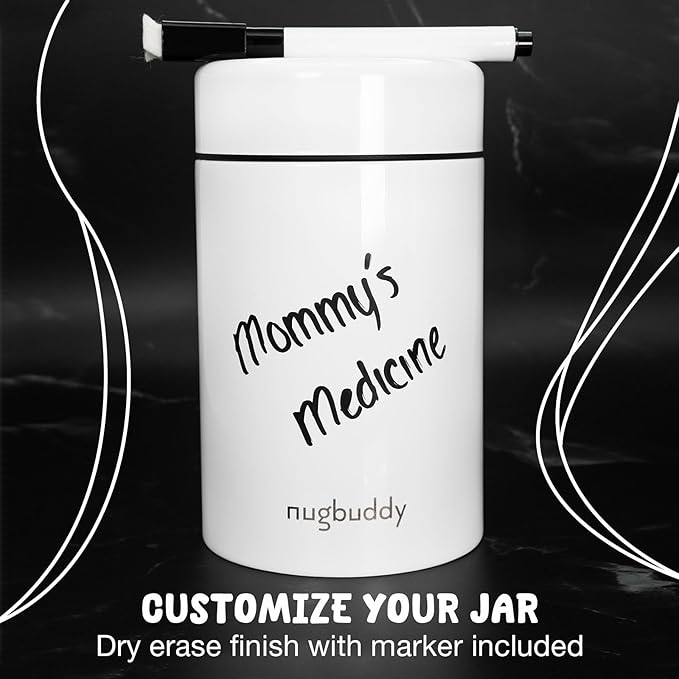 nugbuddy Smell Proof Container - Vacuum Insulated With Nested Glass Jar - UV Protection, Temperature Controlled Storage - Air Tight Stash Jar - Whiteboard Finish + Marker Included- 300 ml (3/4 Oz)