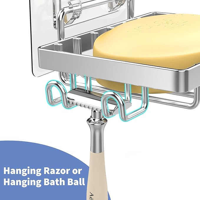 Moforoco Stainless Steel Soap Bar Holder for Shower, No Drilling Bathroom Accessories, Wall Mounted Soap Holder with Hooks, Shower Rack Tray Bar for Suitable for Bathroom, Kitchen Sink