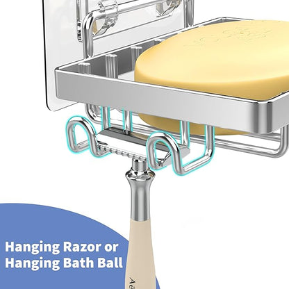 Moforoco Stainless Steel Soap Bar Holder for Shower, No Drilling Bathroom Accessories, Wall Mounted Soap Holder with Hooks, Shower Rack Tray Bar for Suitable for Bathroom, Kitchen Sink