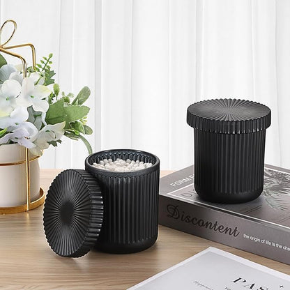 2 Pack Glass Qtip Holder with Lid, Qtip Dispenser Bathroom Storage Jars- Glass Apothecary Jars for Cotton Ball, Swab, Pads, Floss Picks, Bathroom Accessories Organization and Vanity Organizer(Black)