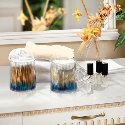 4 Pack Apothecary Jars with Lid, Gold & Blue, Qtip Holder Storage Jars for Cotton Swab, Cotton Round Pads, Clear Plastic Canisters for Bathroom Vanity Organization (10 Oz)