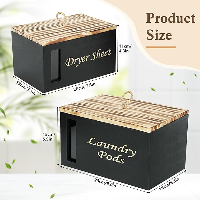 2 Pcs Wood Laundry Pods Container & Dryer Sheet Holder, Solid Pine Laundry Sheet Container Dispenser with Visible Window for Laundry Accessories, Farmhouse Decor for Laundry Room Refresh(Black)
