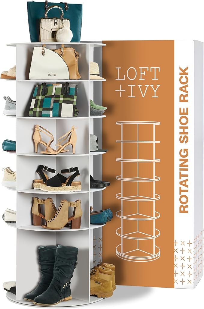 LOFT + IVY 7 Tier Rotating Shoe Rack Tower – 360° Spinning Storage Organizer, Modern Round Shoe Carousel for Closet, Entryway, Bedroom – Space Saving Rotating Lazy Susan Storage Tower