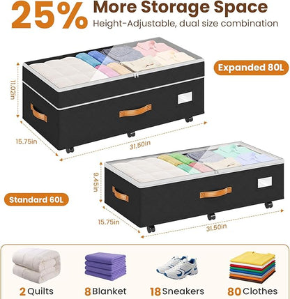 Budding Joy Under Bed Storage with Wheels 2Pack, 80L Height Adjustable Underbed Containers with Clear Lids, Rolling Under Bed Shoe Storage Organizer for Dorm Home Clothes, Blankets, Toys, Black